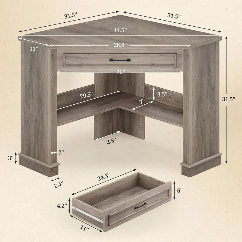 Petit bureau d'angle triangulaire pour ordinateur avec tiroir de rangement et étagères
