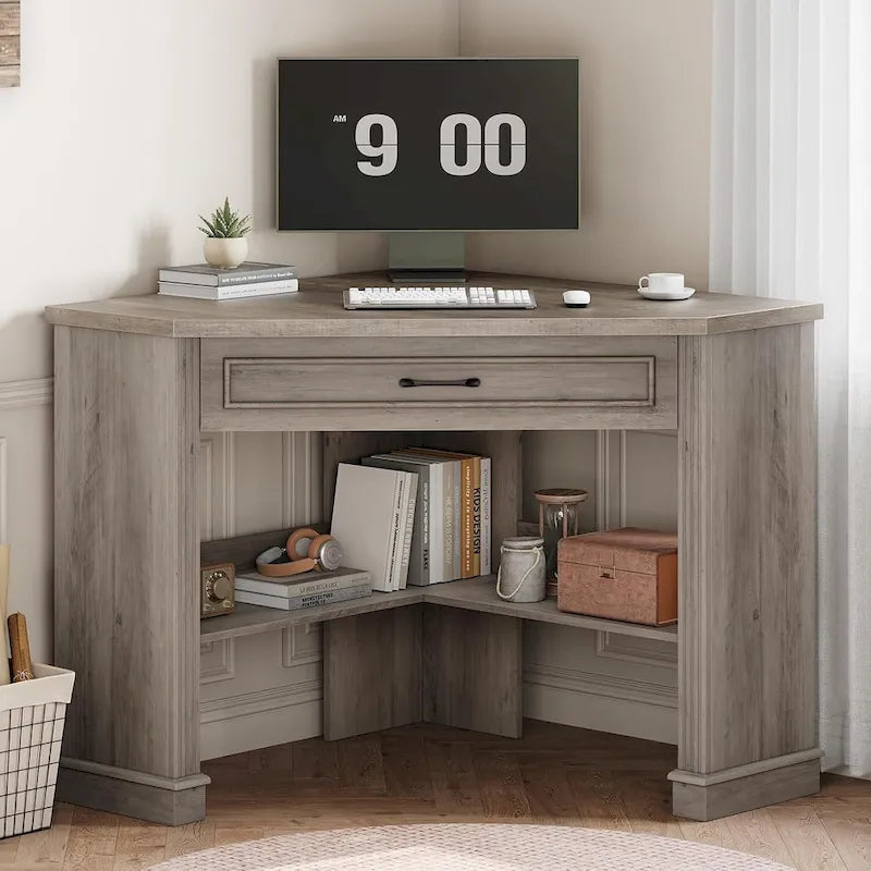Petit bureau d'angle triangulaire pour ordinateur avec tiroir de rangement et étagères