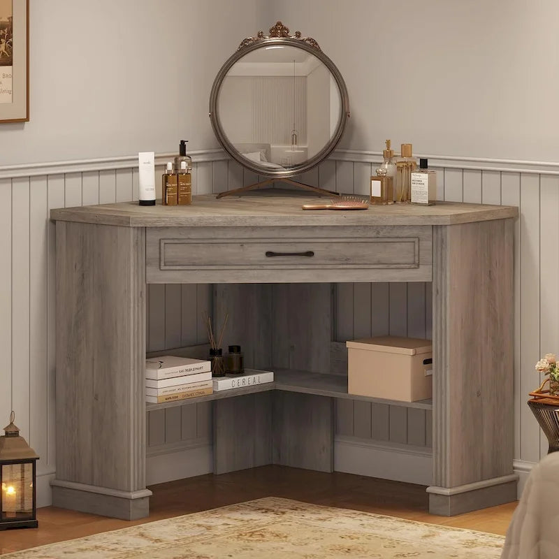 Petit bureau d'angle triangulaire pour ordinateur avec tiroir de rangement et étagères