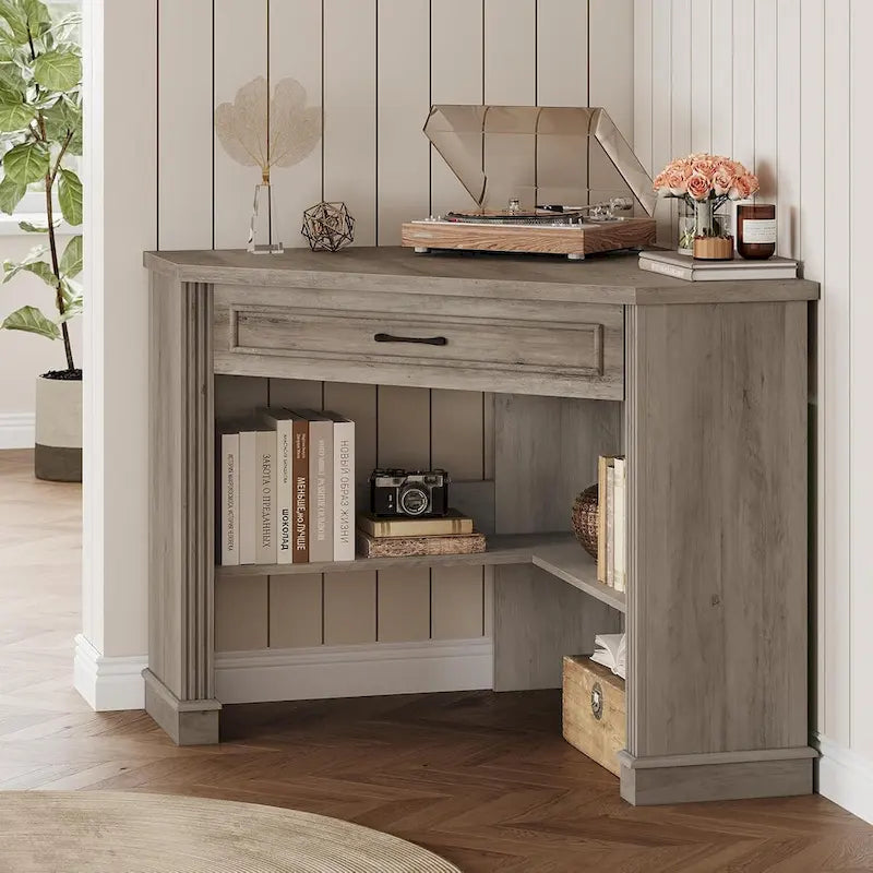 Petit bureau d'angle triangulaire pour ordinateur avec tiroir de rangement et étagères