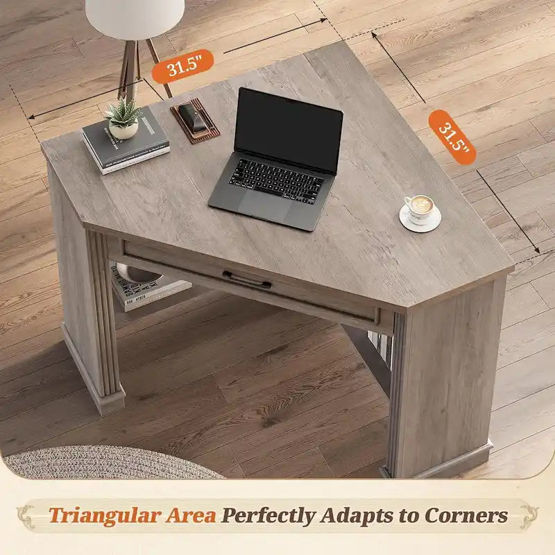 Petit bureau d'angle triangulaire pour ordinateur avec tiroir de rangement et étagères