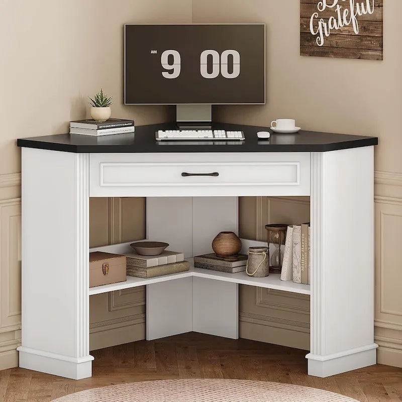 Petit bureau d'angle triangulaire pour ordinateur avec tiroir de rangement et étagères