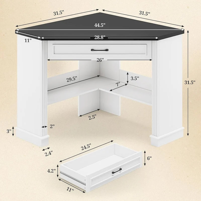 Petit bureau d'angle triangulaire pour ordinateur avec tiroir de rangement et étagères