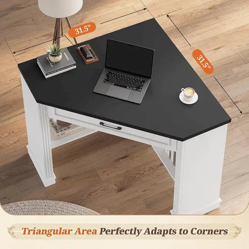 Petit bureau d'angle triangulaire pour ordinateur avec tiroir de rangement et étagères