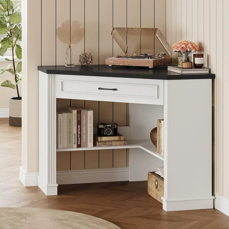 Petit bureau d'angle triangulaire pour ordinateur avec tiroir de rangement et étagères