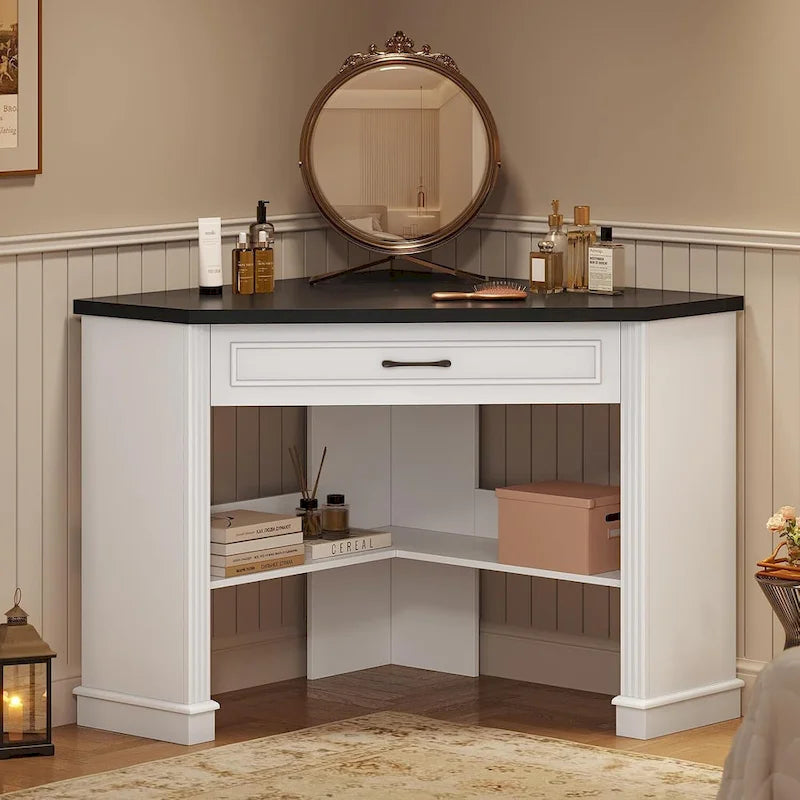 Petit bureau d'angle triangulaire pour ordinateur avec tiroir de rangement et étagères