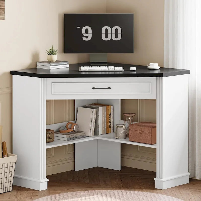 Petit bureau d'angle triangulaire pour ordinateur avec tiroir de rangement et étagères