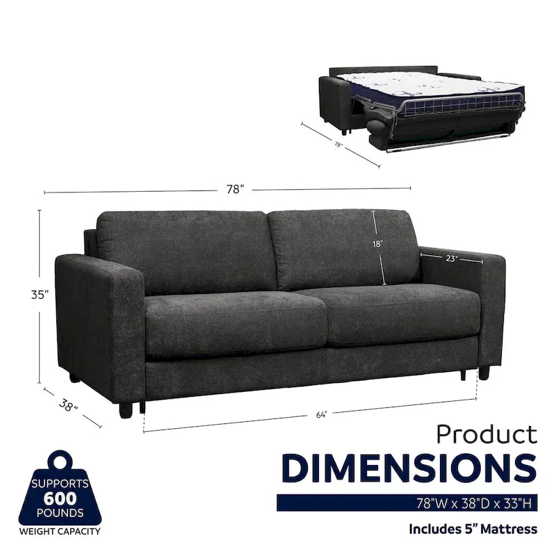 Canapé-lit pleine grandeur de 78 pouces avec matelas en mousse à mémoire de forme