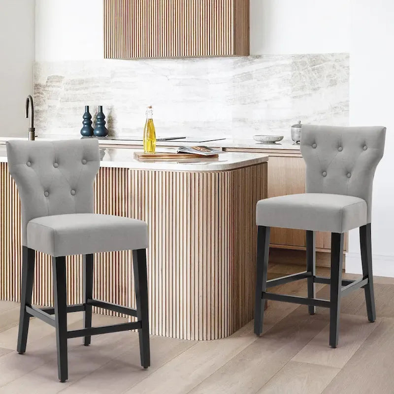 Tabourets de bar en tissu de 63,5 cm de hauteur de comptoir avec boutons touffetés, chaises d'îlot rembourrées, lot de 2
