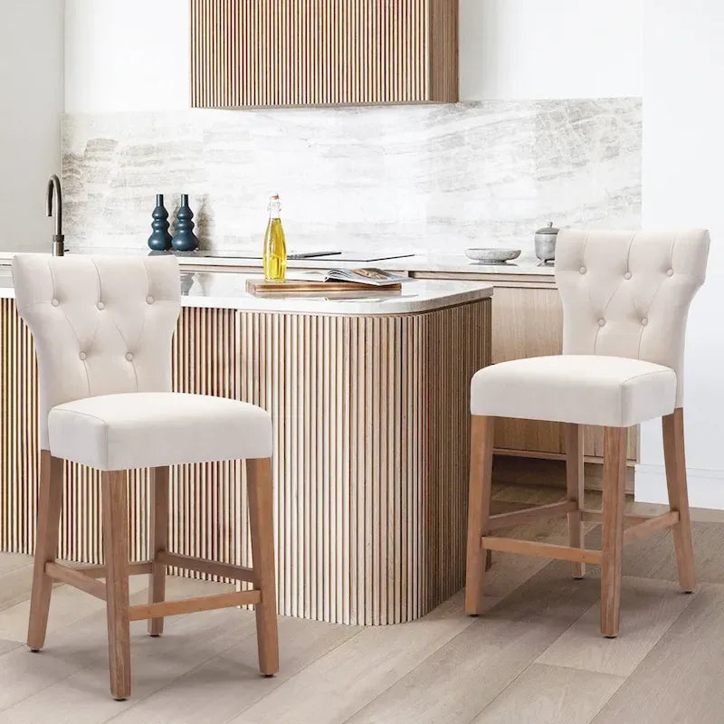 Tabourets de bar en tissu de 63,5 cm de hauteur de comptoir avec boutons touffetés, chaises d'îlot rembourrées, lot de 2