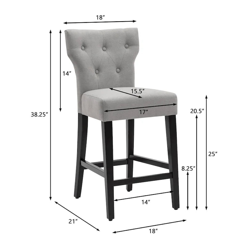 Tabourets de bar en tissu de 63,5 cm de hauteur de comptoir avec boutons touffetés, chaises d'îlot rembourrées, lot de 2