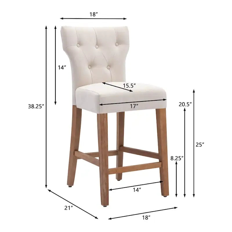 Tabourets de bar en tissu de 63,5 cm de hauteur de comptoir avec boutons touffetés, chaises d'îlot rembourrées, lot de 2