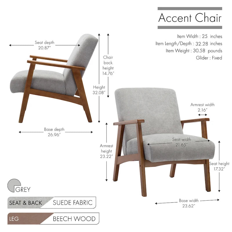 Fauteuil d'appoint avec pieds en bois et revêtement en daim