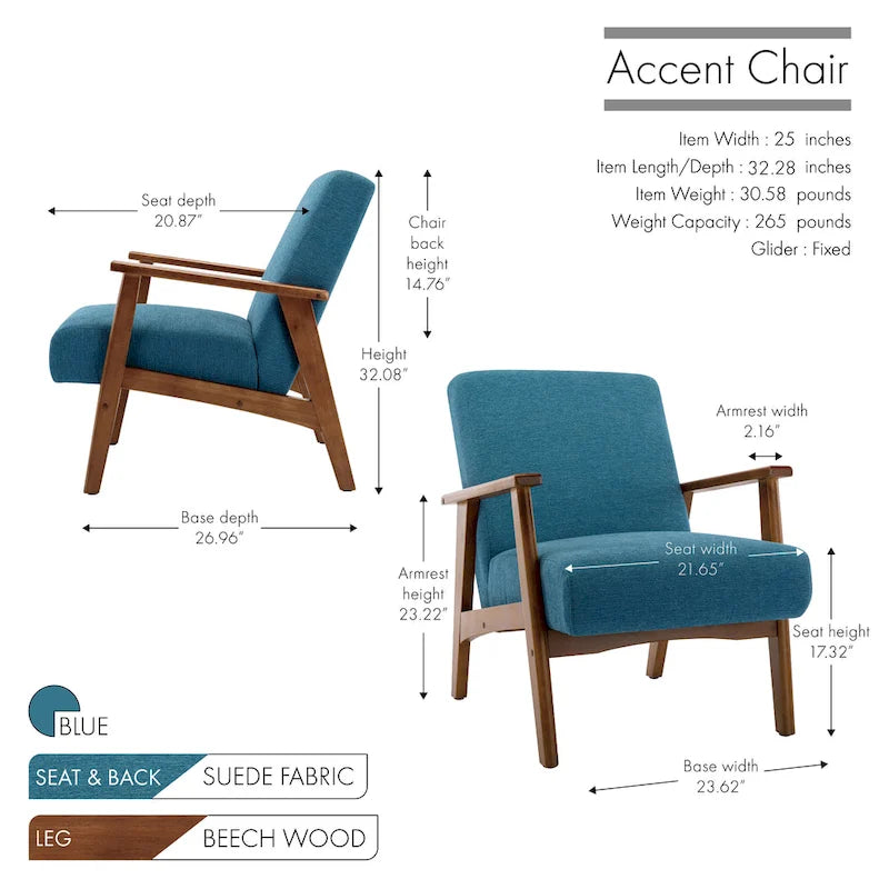Fauteuil d'appoint avec pieds en bois et revêtement en daim