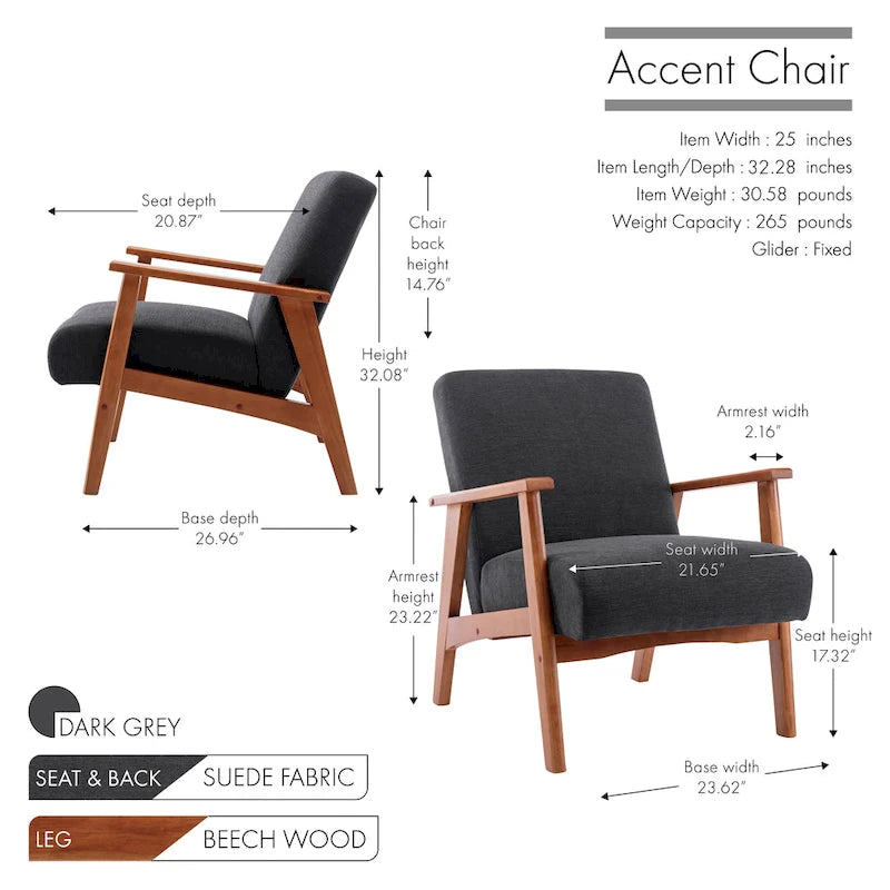 Fauteuil d'appoint avec pieds en bois et revêtement en daim