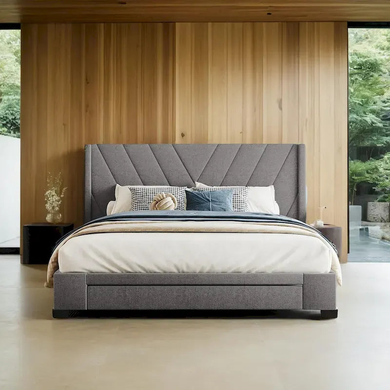 Lit de rangement Queen Size, plateforme capitonnée en lin avec 3 tiroirs