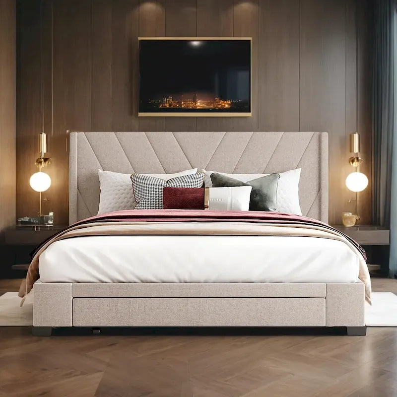 Lit de rangement Queen Size, plateforme capitonnée en lin avec 3 tiroirs