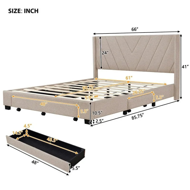 Lit de rangement Queen Size, plateforme capitonnée en lin avec 3 tiroirs