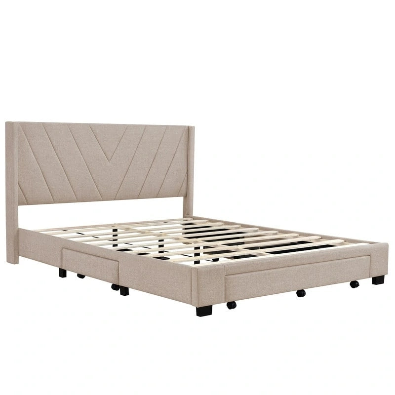 Lit de rangement Queen Size, plateforme capitonnée en lin avec 3 tiroirs