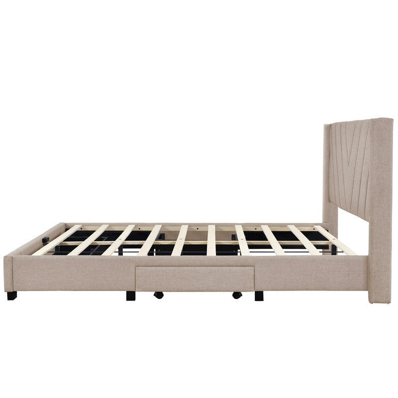 Lit de rangement Queen Size, plateforme capitonnée en lin avec 3 tiroirs