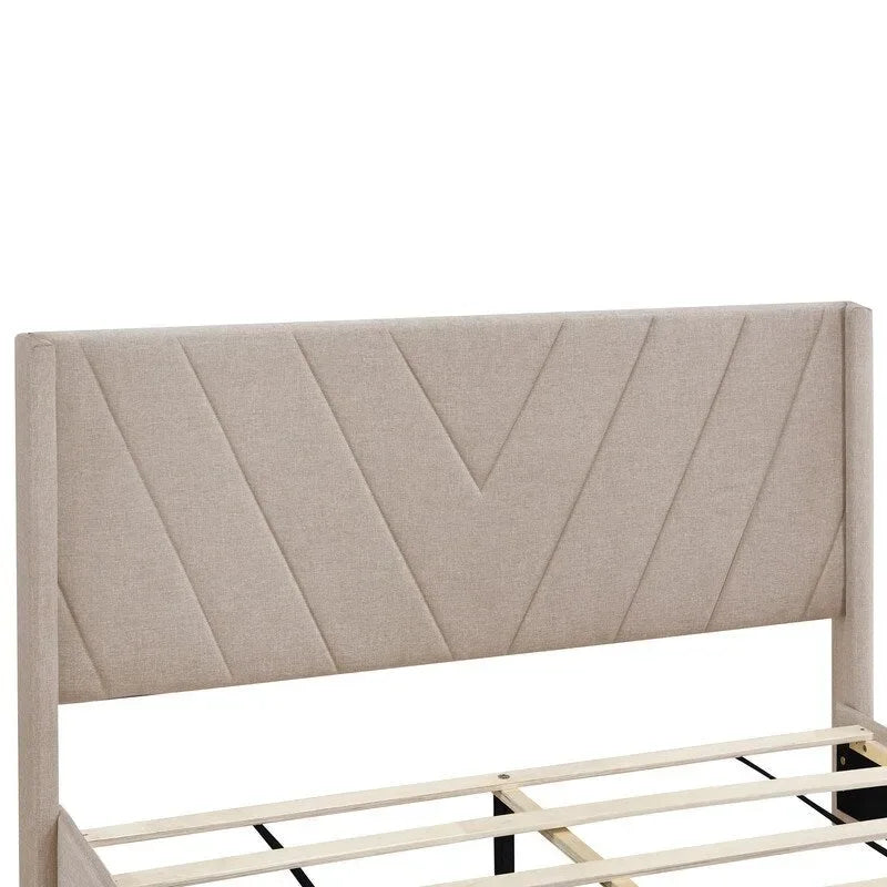 Lit de rangement Queen Size, plateforme capitonnée en lin avec 3 tiroirs