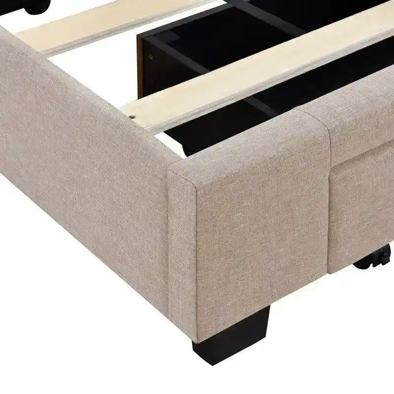 Lit de rangement Queen Size, plateforme capitonnée en lin avec 3 tiroirs