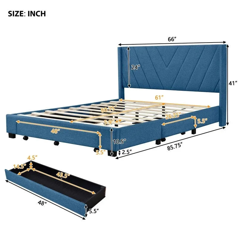 Lit de rangement Queen Size, plateforme capitonnée en lin avec 3 tiroirs