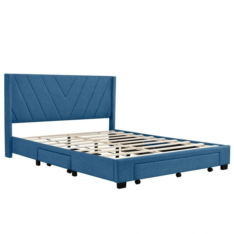 Lit de rangement Queen Size, plateforme capitonnée en lin avec 3 tiroirs