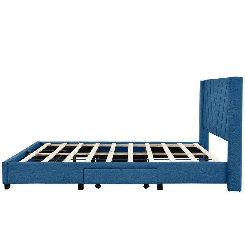 Lit de rangement Queen Size, plateforme capitonnée en lin avec 3 tiroirs