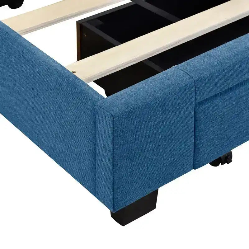 Lit de rangement Queen Size, plateforme capitonnée en lin avec 3 tiroirs