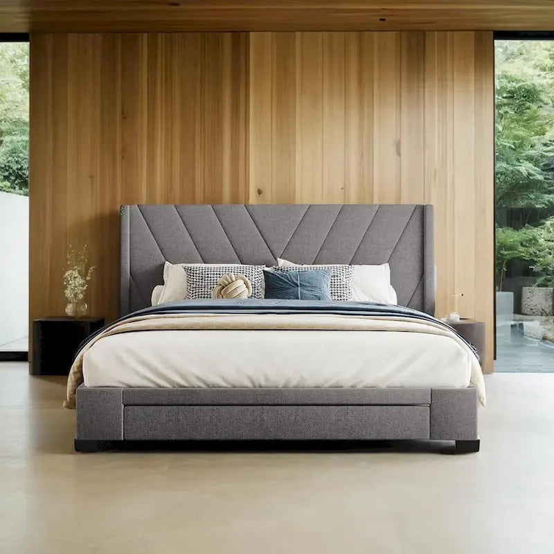 Lit de rangement Queen Size, plateforme capitonnée en lin avec 3 tiroirs