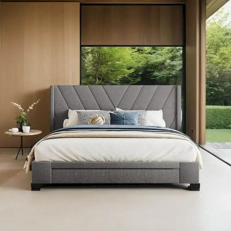 Lit de rangement Queen Size, plateforme capitonnée en lin avec 3 tiroirs