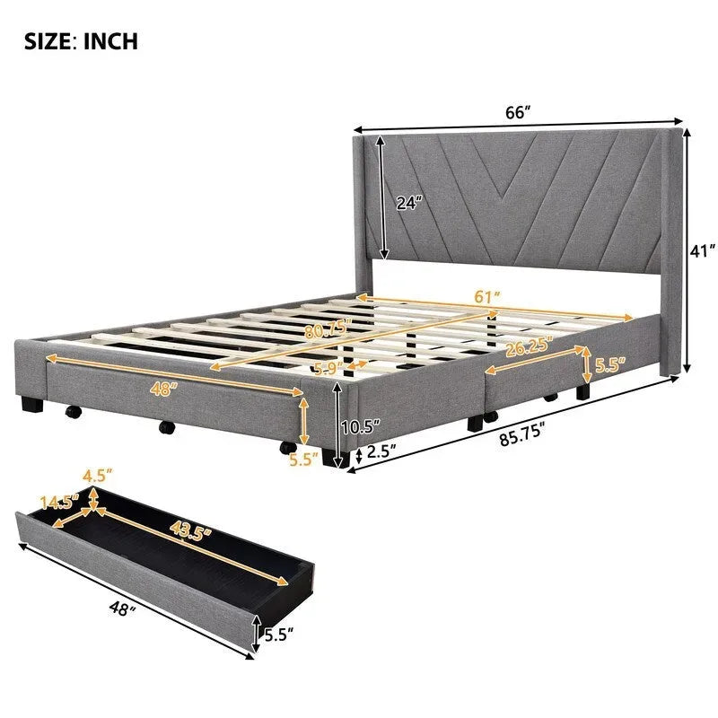 Lit de rangement Queen Size, plateforme capitonnée en lin avec 3 tiroirs