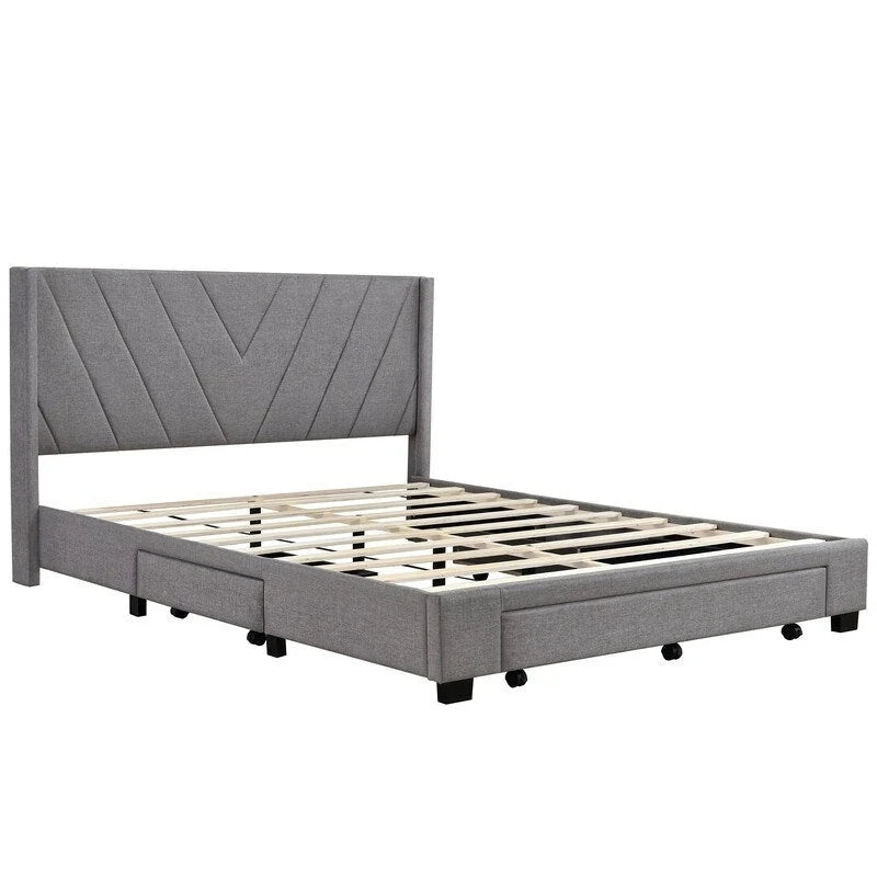 Lit de rangement Queen Size, plateforme capitonnée en lin avec 3 tiroirs