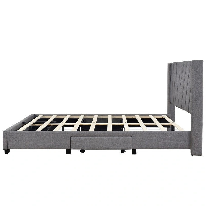 Lit de rangement Queen Size, plateforme capitonnée en lin avec 3 tiroirs