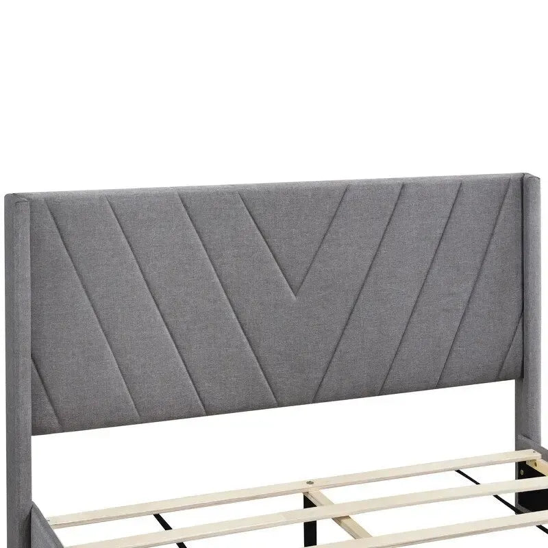 Lit de rangement Queen Size, plateforme capitonnée en lin avec 3 tiroirs
