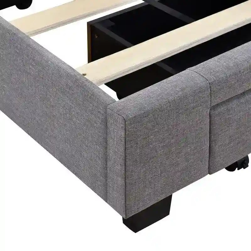 Lit de rangement Queen Size, plateforme capitonnée en lin avec 3 tiroirs