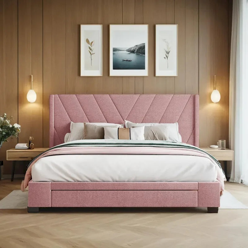 Lit de rangement Queen Size, plateforme capitonnée en lin avec 3 tiroirs