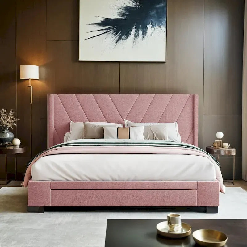 Lit de rangement Queen Size, plateforme capitonnée en lin avec 3 tiroirs