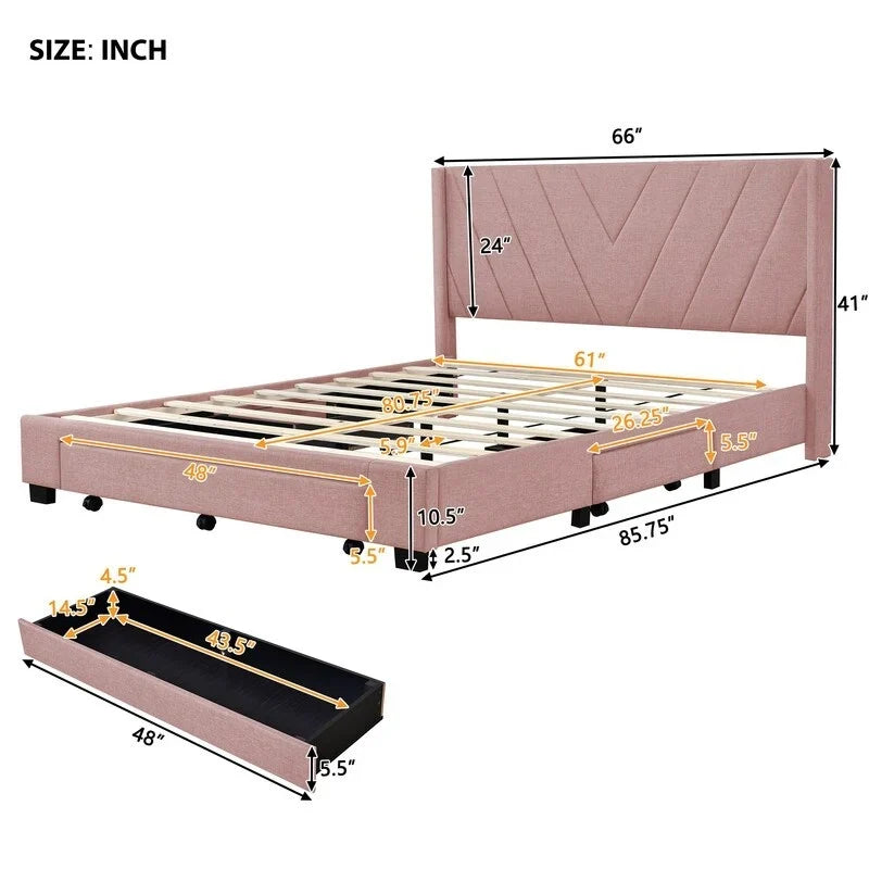 Lit de rangement Queen Size, plateforme capitonnée en lin avec 3 tiroirs