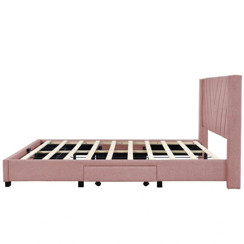 Lit de rangement Queen Size, plateforme capitonnée en lin avec 3 tiroirs