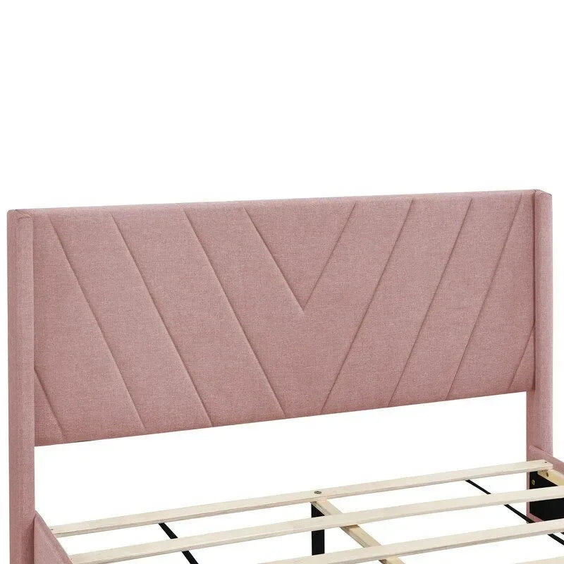 Lit de rangement Queen Size, plateforme capitonnée en lin avec 3 tiroirs