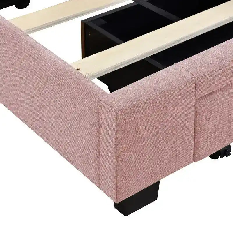 Lit de rangement Queen Size, plateforme capitonnée en lin avec 3 tiroirs