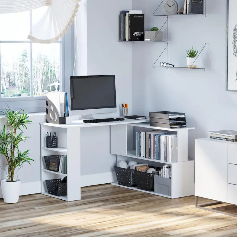 Bureau d'angle en L rotatif à 360° : blanc, avec étagères de rangement
