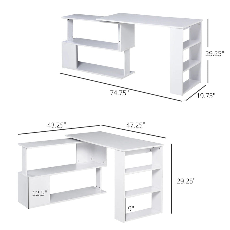 Bureau d'angle en L rotatif à 360° : blanc, avec étagères de rangement
