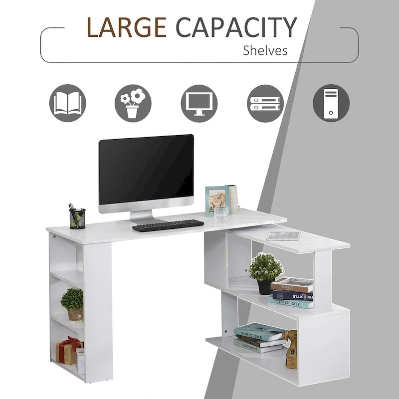 Bureau d'angle en L rotatif à 360° : blanc, avec étagères de rangement