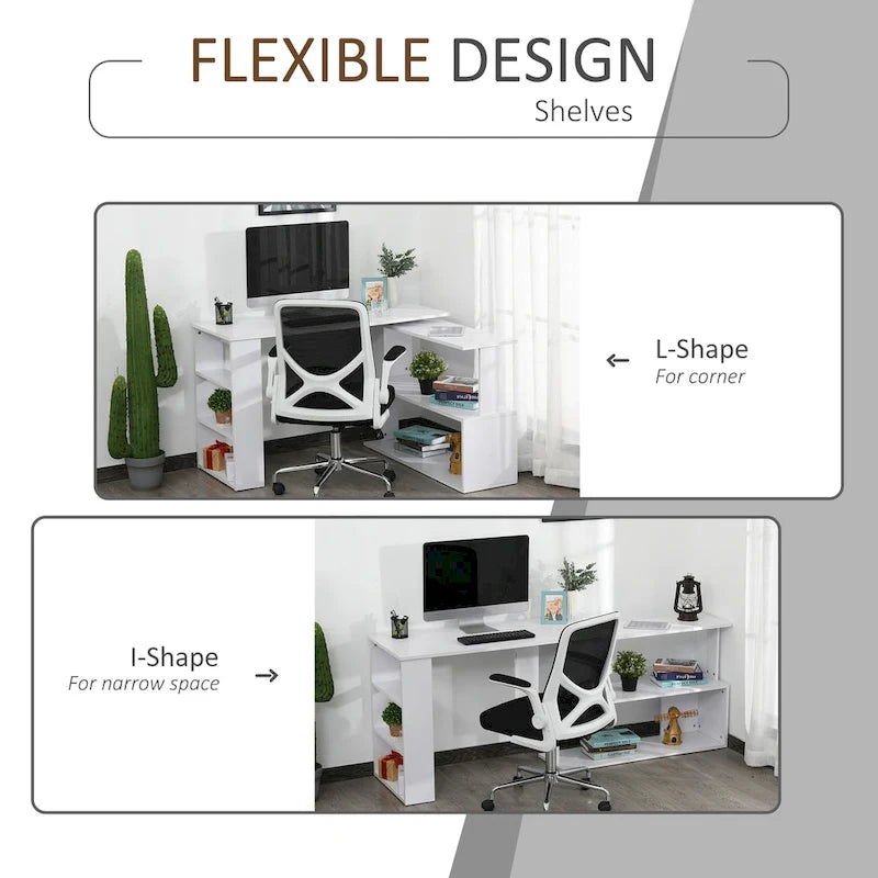 Bureau d'angle en L rotatif à 360° : blanc, avec étagères de rangement