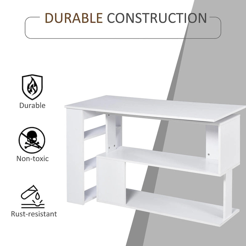 Bureau d'angle en L rotatif à 360° : blanc, avec étagères de rangement