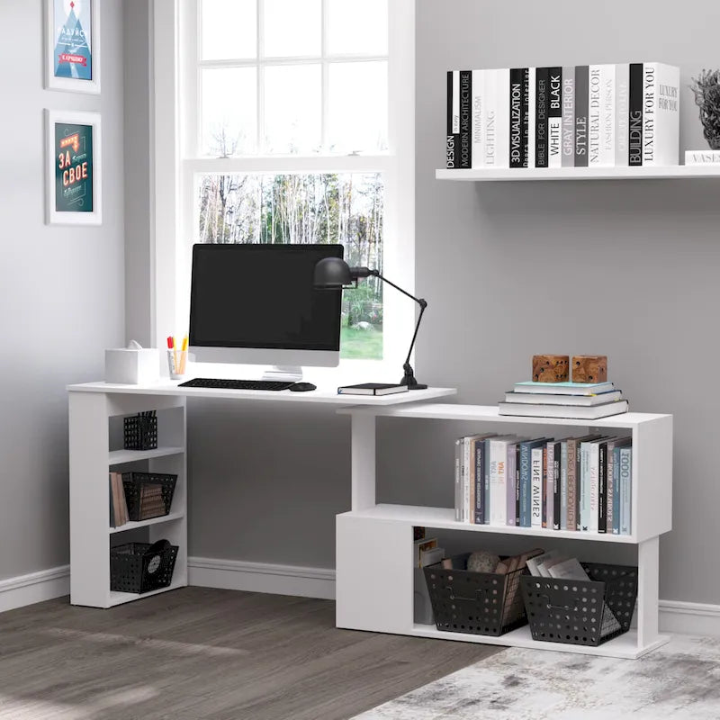 Bureau d'angle en L rotatif à 360° : blanc, avec étagères de rangement