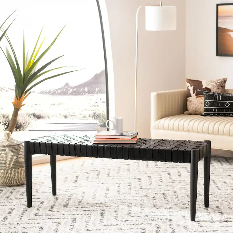 Banc en bois et cuir – 47Lx16Px18H